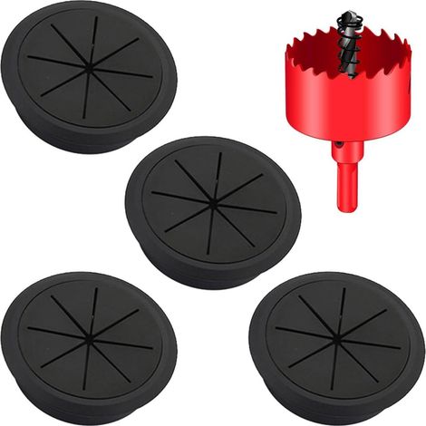 Lot de 4 passe-câbles flexibles, ronds, noirs, de 60 mm de diamètre et scie cloche, cache-trous (1/5)