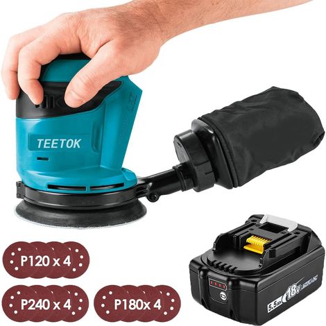 Ponceuse excentrique,Sans balais,Compatible avec la batterie Makita ponceuse orbitale aléatoire Machine de polissage 18V Ø125mm avec sac à poussière et 12 disques + 1xBatterie (pas de chargeur) (1/5)
