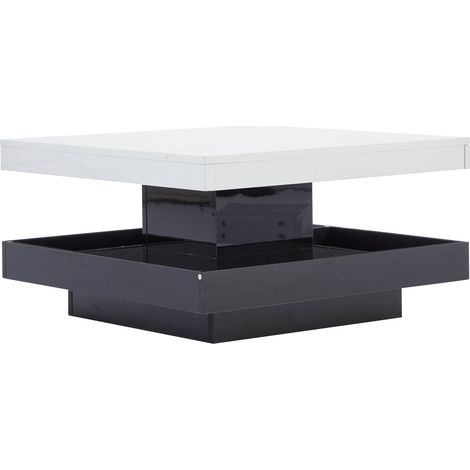 Table basse carrée 70x70x36 cm avec plateau tournant 360°, plateau blanc brillant et structure noire (1/5)