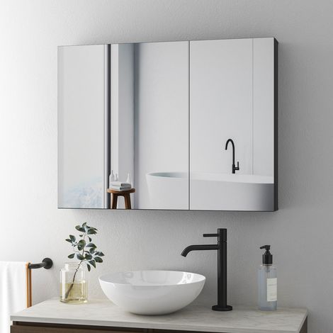 Boromal Spiegelschrank Bad Spiegelschrank mit Innenspiegel Metall Badezimmerschrank Schwarz mit Spiegel und Verstellbare Glasablage (80 x 60 x 12,5 cm) (1/5)