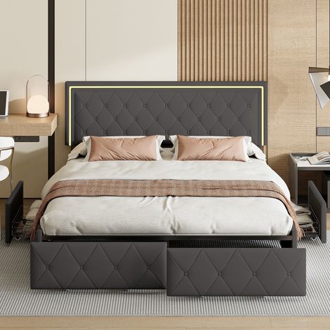 Polsterbett 160x200 cm mit Schubladen - Doppelbett mit verstellbarem Kopfteil und LED-Beleuchtung - PU - Grau
