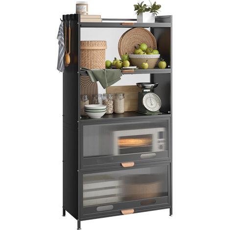 Étagère de Rangement à 5 Niveaux, Etagere Cuisine avec Roues et Coussinets de Pied, Étagère Micro-Ondes, Meuble Rangement, Organisateur et desserte de Cuisine Noir, 70 32 145cm (1/5)