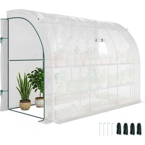 Anlehngewächshaus mit 3 Regalböden, kleines Balkongewächshaus aus 140 g/m² PE-Plane, 300 x 150 x 213 cm, Weiß