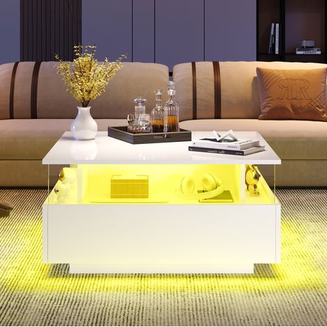 Tavolino da caffè in pannello di particelle bianco lucido 70 x 70 cm con LED e 2 cassetti (1/5)