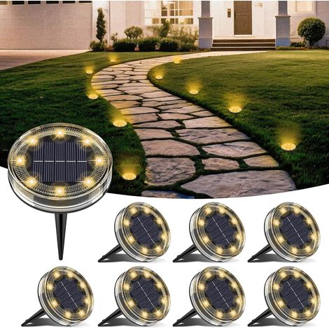 Lot de 6 Lampe Solaire Au Sol, 8 LED Lumiere Solaire Exterieur Jardin IP68 Étanche, Spot Solaire Extérieur pour Chemins Pelouse Terrasse Allée Cour Piscine Passerelle, Blanc Froid (1/5)
