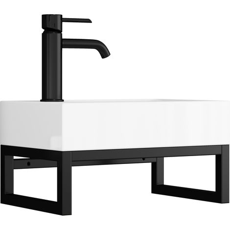 Lavabo mural mini en céramique blanc mat avec structure métallique et trop-plein MODENUIT (1/5)