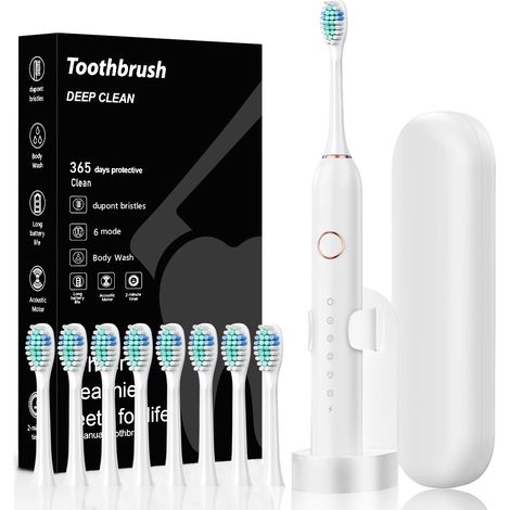 Brosse À Dent Électrique Soniques pour Adultes - Brosse A Dent Sonique avec 8 Têtes de Brosse et Étui de Voyage Blanc (1/5)