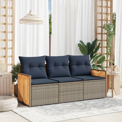 Ensemble de canapé de jardin 3 pièces avec coussins, gris, polyrotin (1/5)