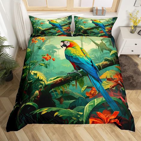 Housse de Couette 220x240 Perroquet 3D avec 2 Taies d'oreiller, Parure de Lit Jungle Tropicale, Sets de Housses de Couettes Oiseau Coloré, Couvre Lit Feuilles de Palmier Animaux Sauvages (1/5)