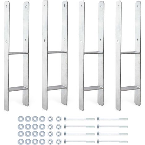 XPOtool Pfostenträger feuerverzinkt 4 Stück 91 x 600 mm, H-Anker aus Carbonstahl, Pfostenanker mit Bohrlöchern M10 x 110, Pfostenschuh mit 2 Verstrebungen