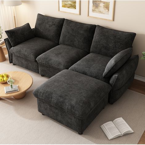 Divano angolare moderno con pouf, ciniglia, 3 posti, grigio scuro, 222,5 x 154,5 x 76,5 cm (1/5)