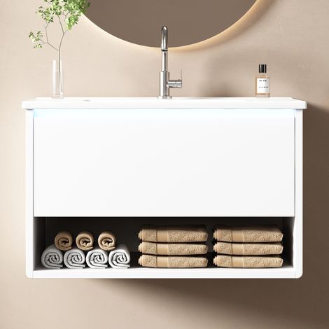 Meuble vasque suspendu blanc laqué 76,5x46x45 cm, lavabo intégré avec éclairage LED radar à détection de mouvement, tiroir unique et étagère ouverte, coulisses silencieuses.