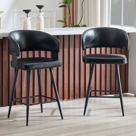 Silla de comedor moderna de diseño 83x45,5x57,5 cm con reposabrazos, piel sintética negra, estructura metálica (1/5)