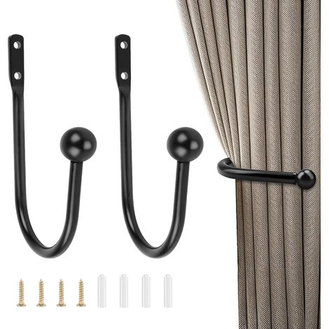 2 Pièces Embrasse Rideau Crochets, Attache Rideaux Retenue en Métal Forme U avec Vis de Fixation, Support Mural pour Fenêtre Douche et Voilage, Embrasse Rideau Élégante et Solide pour Intérieur Noir (1/5)