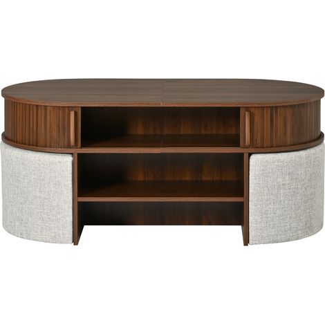 Tavolino da caffè ovale contenitore in MDF e truciolare con sgabelli in tessuto, finitura noce (1/5)