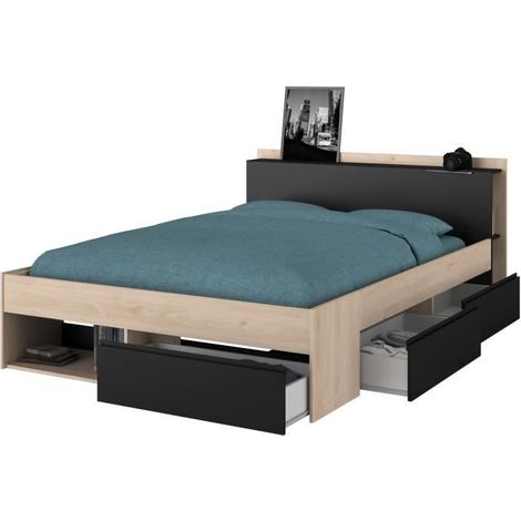 Lit adulte COMBO 140x190/200 cm - Chene et noir - 3 Tiroirs - PARISOT (1/5)