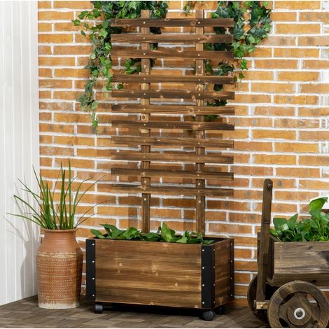Bac potager surélevé avec treillis 65x31x147 cm en bois noir, gain de place jardin FloraGrace (1/5)