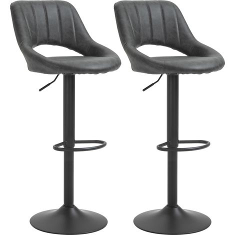 Lot de 2 tabourets de bar vintage réglables en hauteur avec siège pivotant, revêtement simili cuir gris et structure métal (1/5)