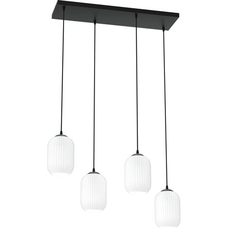 Lampadario 4 Luci Verdi In Acciaio Nero E Vetri Plissettati Bianchi (1/4)