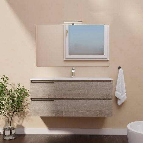 Mobile Bagno Sospeso 120Cm 2 Cassetti Rovere Well, 2 Maniglie, Con Lavabo Singolo, Specchio E Lampada Led Berlin (1/5)