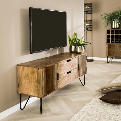 Petit meuble tv en bois de manguier strié DELHI (1/5)