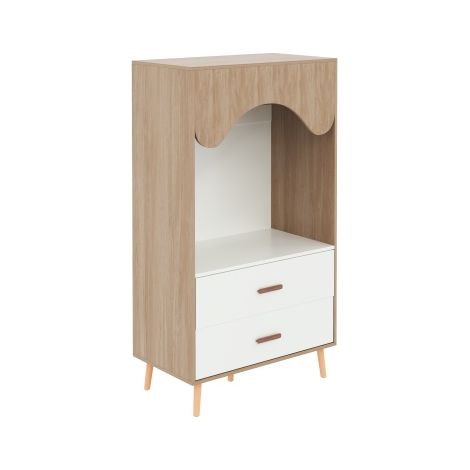 Armoire enfant ouverte 80x46x141.5 cm  Tringle à vêtements et 2 tiroirs  Pieds et poignées en bois massif Blanc naturel