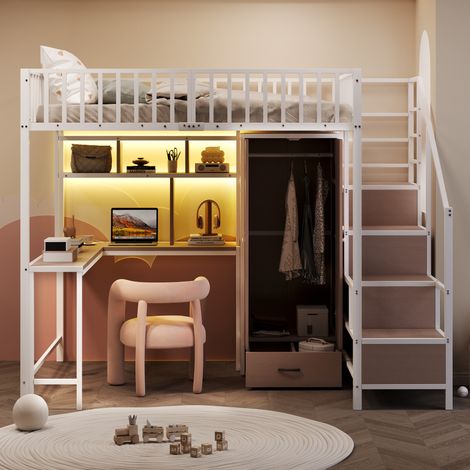 Lit superposé métallique 140x200 cm blanc avec espace bureau, étagères, armoire, tiroirs, échelle intégrée et barrière de sécurité, équipé de prise et éclairage LED, cadre en acier