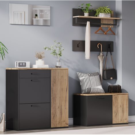 Flur-Set 85x36x85 cm und 80x36x48 cm Natur/Schwarz aus Spanplatte mit Spiegel, Hakenleiste, Regal und Schuhbank (1/5)