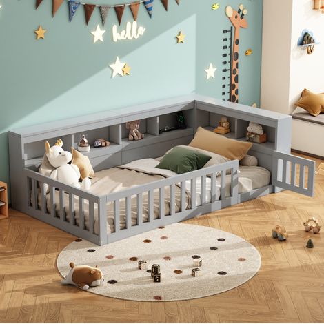 Letto bambini 90x200 cm con vani portaoggetti, sponde di sicurezza, rete a doghe, presa elettrica e porta USB, grigio, senza materasso (1/5)