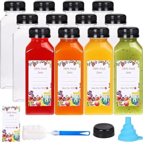 12 bouteilles de jus en plastique 360 ml avec bouchons inviolables, contenants transparents réutilisables avec couvercles, étiquettes, entonnoir et brosse pour smoothies et boissons maison (1/5)