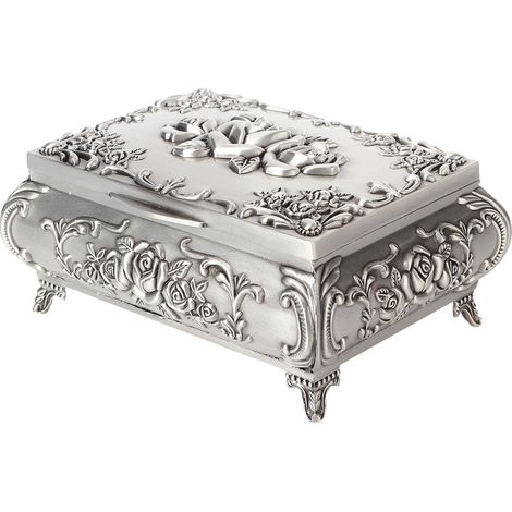 Boîte à bijoux rétro en alliage de zinc, en métal, avec rose sculptée en stéréoscopie (12,5 x 9,5 x 5,5 cm) (1/5)
