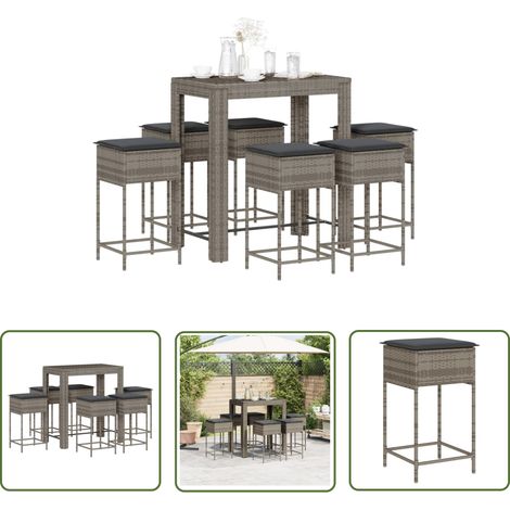 The Living Store Ensemble de bar de jardin 7 pcs avec coussins gris poly rotin - Salon De Jardin - Set Salon De Jardin - Mobilier De Jardin - Table Basse - Chaises De Jardin (1/5)