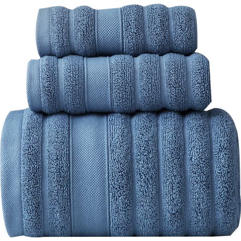 Ensemble de serviettes de bain en coton épais et absorbantes (3 pièces) : 1 serviette de bain et 2 gants de toilette, bleu.