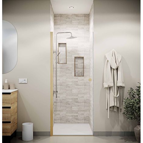 Porta doccia battente 90×180 cm in vetro temperato 5 mm - Finitura oro spazzolato - GOLD ELEMENTARY