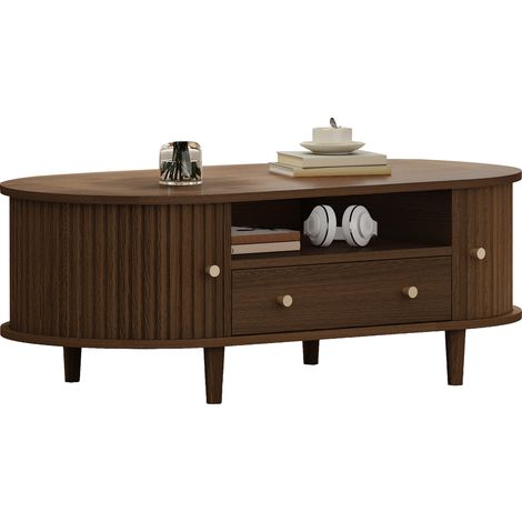 ELVMI Mesa de Centro Ovalada con 1 Cajón, Nicho y Puerta Enrollable, para Salón, MDF, 100 x 50 x 36 cm, Nogal (1/5)