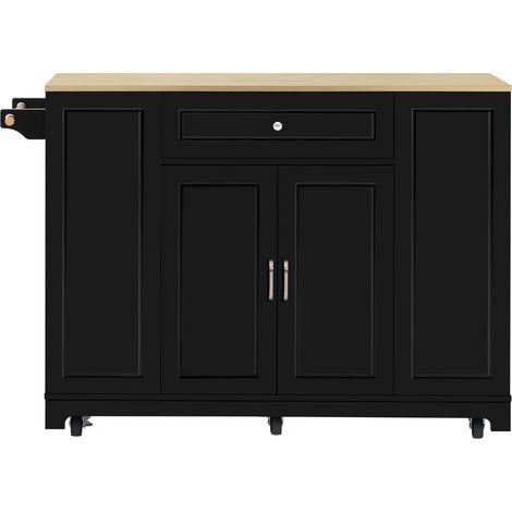 Îlot de cuisine sur roulettes noir avec plan de travail extensible 131,8cm et prises électriques intégrées (1/5)