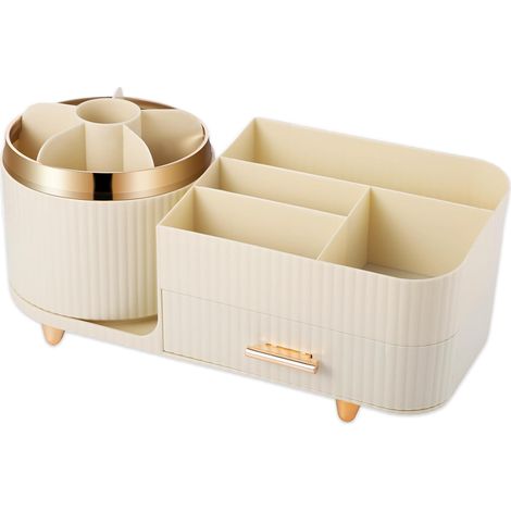 Organisateur de maquillage, organisateur de coiffeuse, organisateur de beauté rotatif à 360°, rangement cosmétique multifonctionnel (blanc crème)