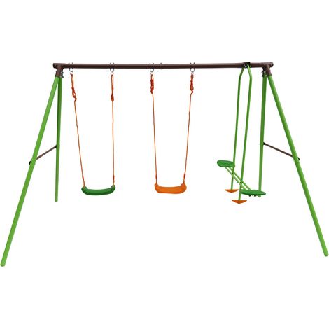 Habitat Et Jardin – Portique en acier Leo 1.96m – 3 agrès dont 2 balançoires – Kit d'ancrage inclus – Pour enfants à partir de 3 ans (1/4)