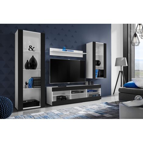 Komodee Ensemble de Meubles Tivoli Medio, Blanc/Noir, Largeur 245cm x Hauteur 159cm x Profondeur 35cm, sans LED, 3 étagères, pour Salon, Chambre, Entrée