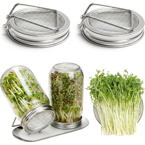 Couvercles pour germes : lot de 2 couvercles en acier inoxydable pour pots à germes, avec socle, couvercle tamis transparent à large ouverture de type Mason Jar, couleur argent, couvercle Mason de 8,6 (1/5)