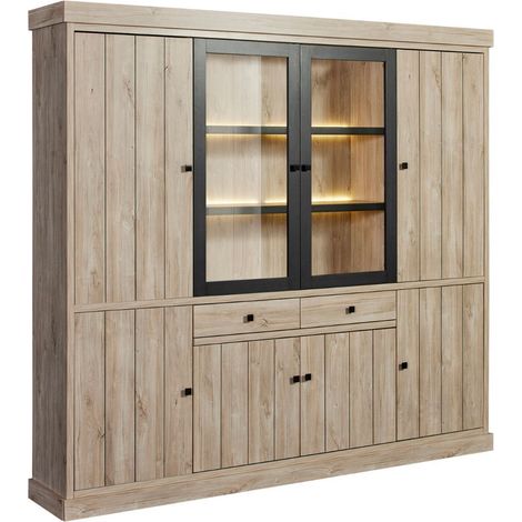 Bibliothèque 6 portes dont 2 vitrées et 2 tiroirs avec éclairage leds aspect bois finition Beach Oak - ROLYA