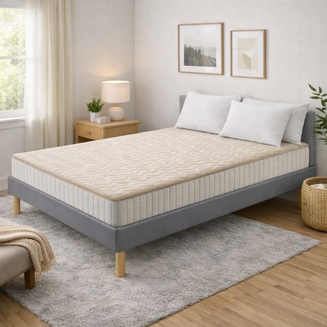 Ensemble Sommier Tapissier et Matelas 120x190 cm - Couleur : Gris - Sommier Déhoussable avec Pieds 20 cm et Lattes Multiplis - Matelas Mousse Soutien Ferme Face Hiver Laine - (1/5)
