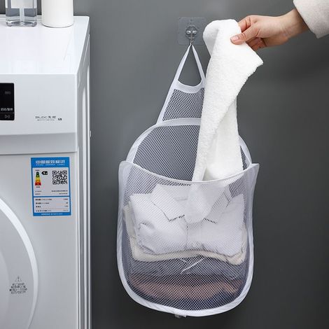 Panier à linge pliable, organiseur de vêtements sales, sac de rangement en filet pour salle de bain, seau mural (1 pièce blanc) (1/4)