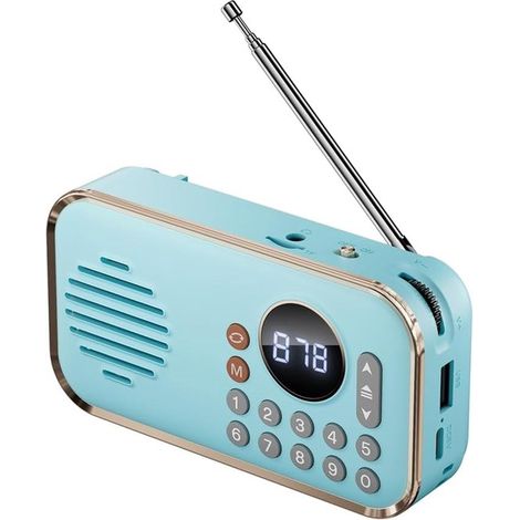 Radio FM portátil recargable, pequeño altavoz inalámbrico Bluetooth, sonido estéreo envolvente, USB, radios vintage azules (1/5)