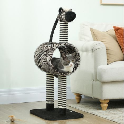Arbre à chat avec tunnel zèbre Ø25 cm, griffoirs noir et blanc, 93 cm (1/5)