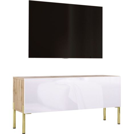 Meuble TV Chêne Wotan / Blanc Brillant, pieds En Or, 100 × 52 × 32 cm (1/5)