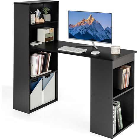 Bureau informatique noir en bois d'ingénierie avec 6 étagères, plateau spacieux et rangement modulable pour bureau, étude et chambre (1/5)