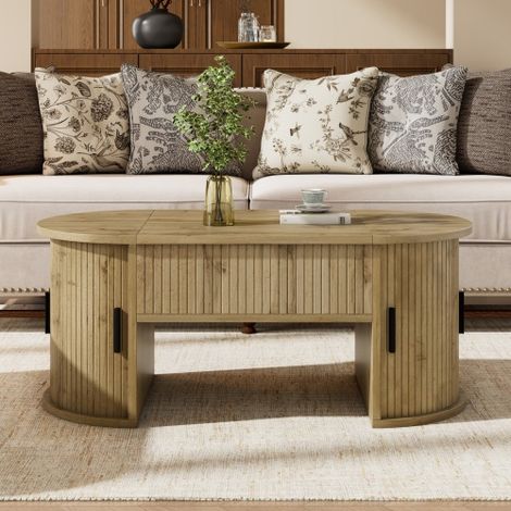 Table basse moderne à hauteur réglable  Table de salon modulable  Étagères ouvertes et rangements dissimulés  Portes coulissantes  Idéale pour petits appartements et bureaux à domicile (1/5)