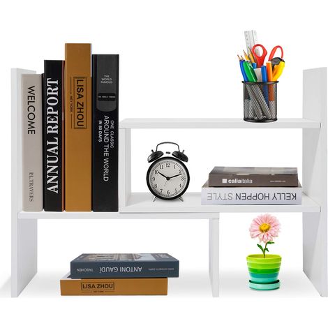 Bibliothèque réglable Étagère à livres Support pour étagère extensible Étagère en bois pour bureau, salon (blanc) (1/5)
