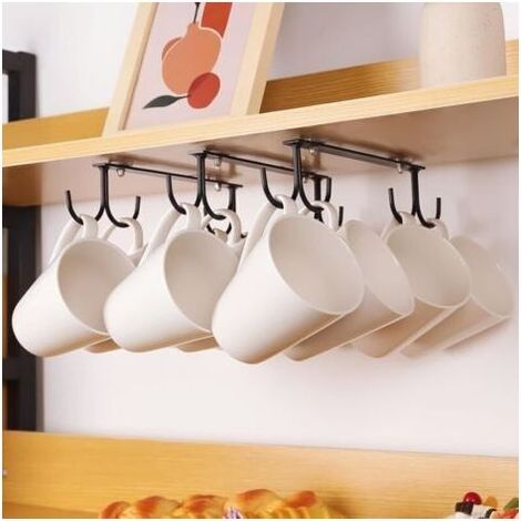 Lot de 3 Porte-Tasses Suspendu sous Placard, Tasse Crochets de Rangement sous Armoire,12 Crochets Porte - Tasse à Café sous L'étagère (Noir) (1/4)